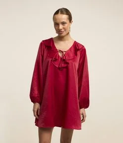 Vestido Curto Acetinado com Babados e Manga Bufante