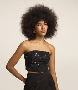 Blusa Cropped em Tela com Paetê Bordado e Zíper Lateral