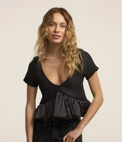 Blusa Balonê em Bengaline com Mix de Tecidos