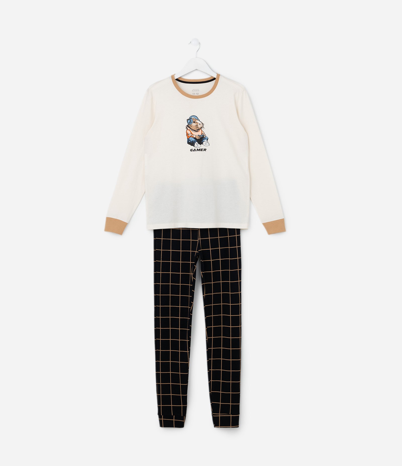 Pijama Longo Infantil com Estampa Capivara Gamer - Tam 5 a 14 anos Bege/Preto 1