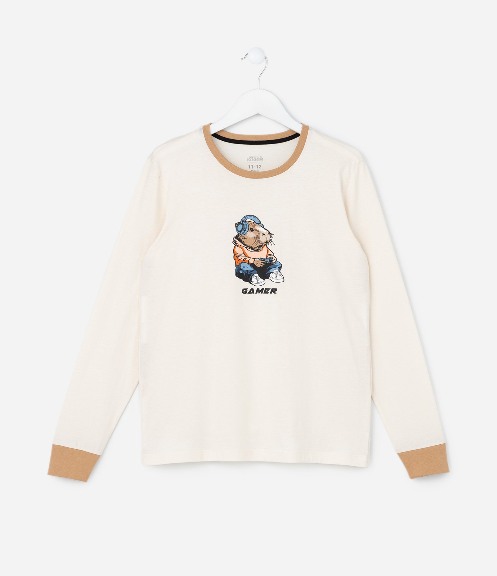 Pijama Longo Infantil com Estampa Capivara Gamer - Tam 5 a 14 anos Bege/Preto 2