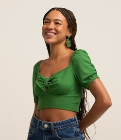 Blusa Curta em Ribana com Decote Coração com Laço e Manga Bufante