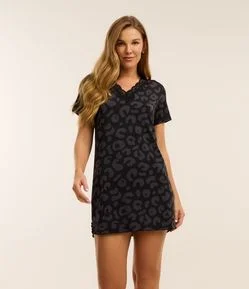 Camisola Curta em Microfibra com Renda e Estampa de Oncinha