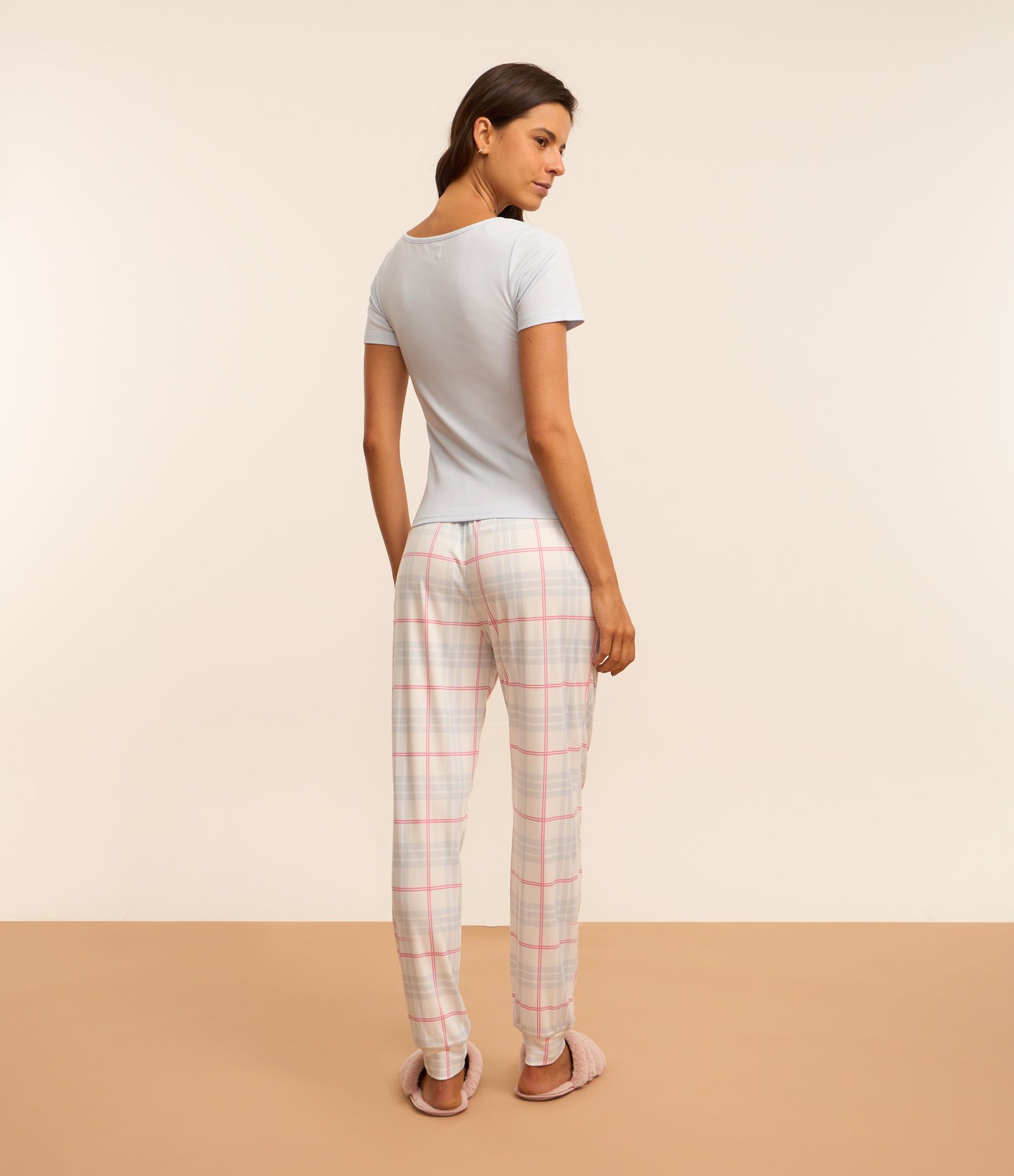 Pijama Longo em Ribana com Botões e Calça Xadrez Azul 2