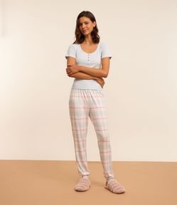 Pijama Longo em Ribana com Botões e Calça Xadrez