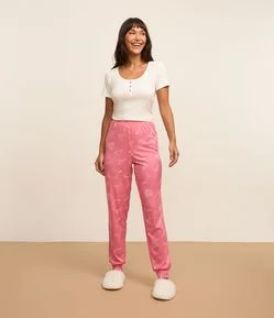 Pijama Longo em Ribana com Botões e Calça Estampada Girly