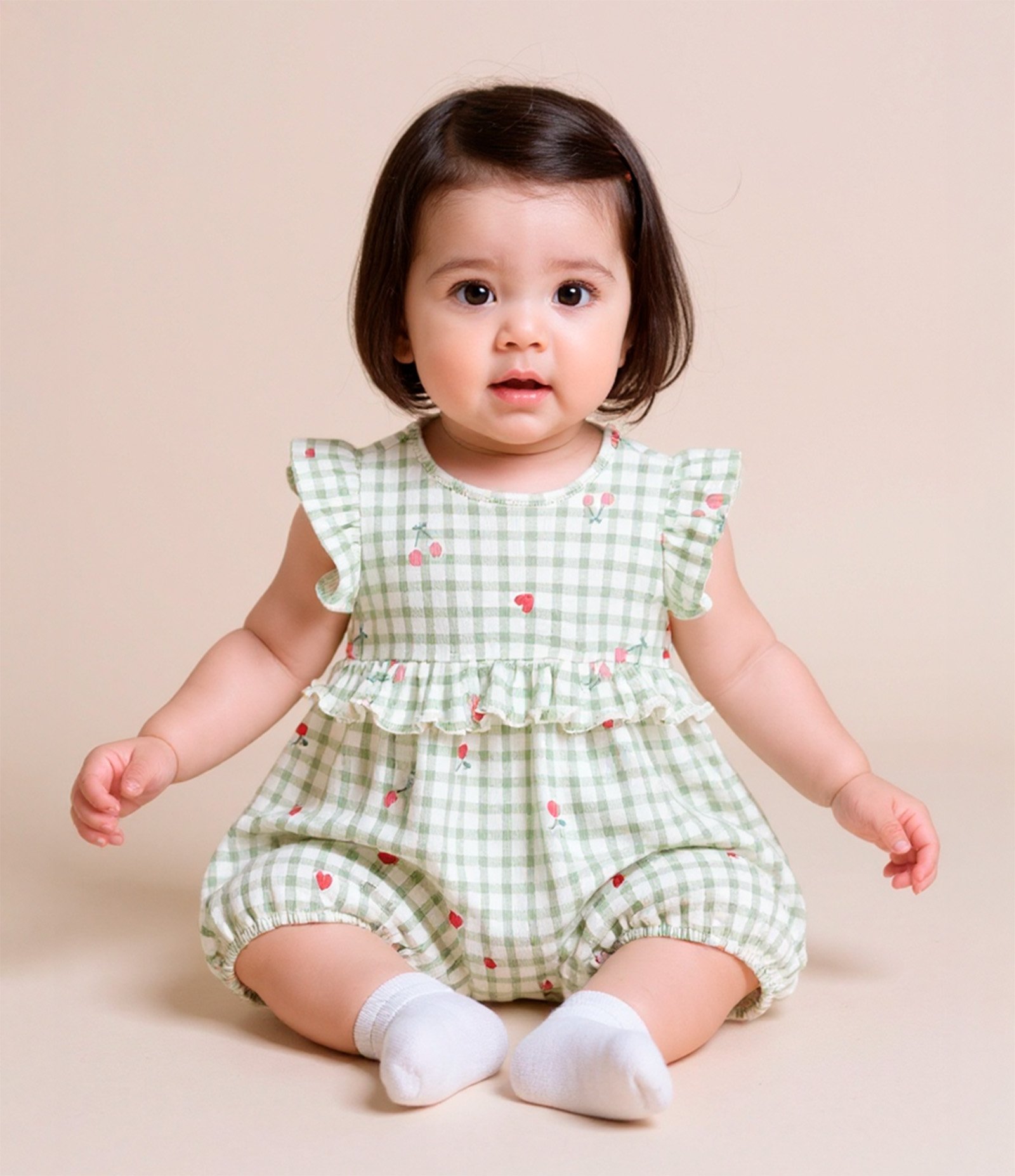 Macaquinho Infantil com Babadinhos e Estampa Xadrez - Tam 0 a 18 meses Verde 1