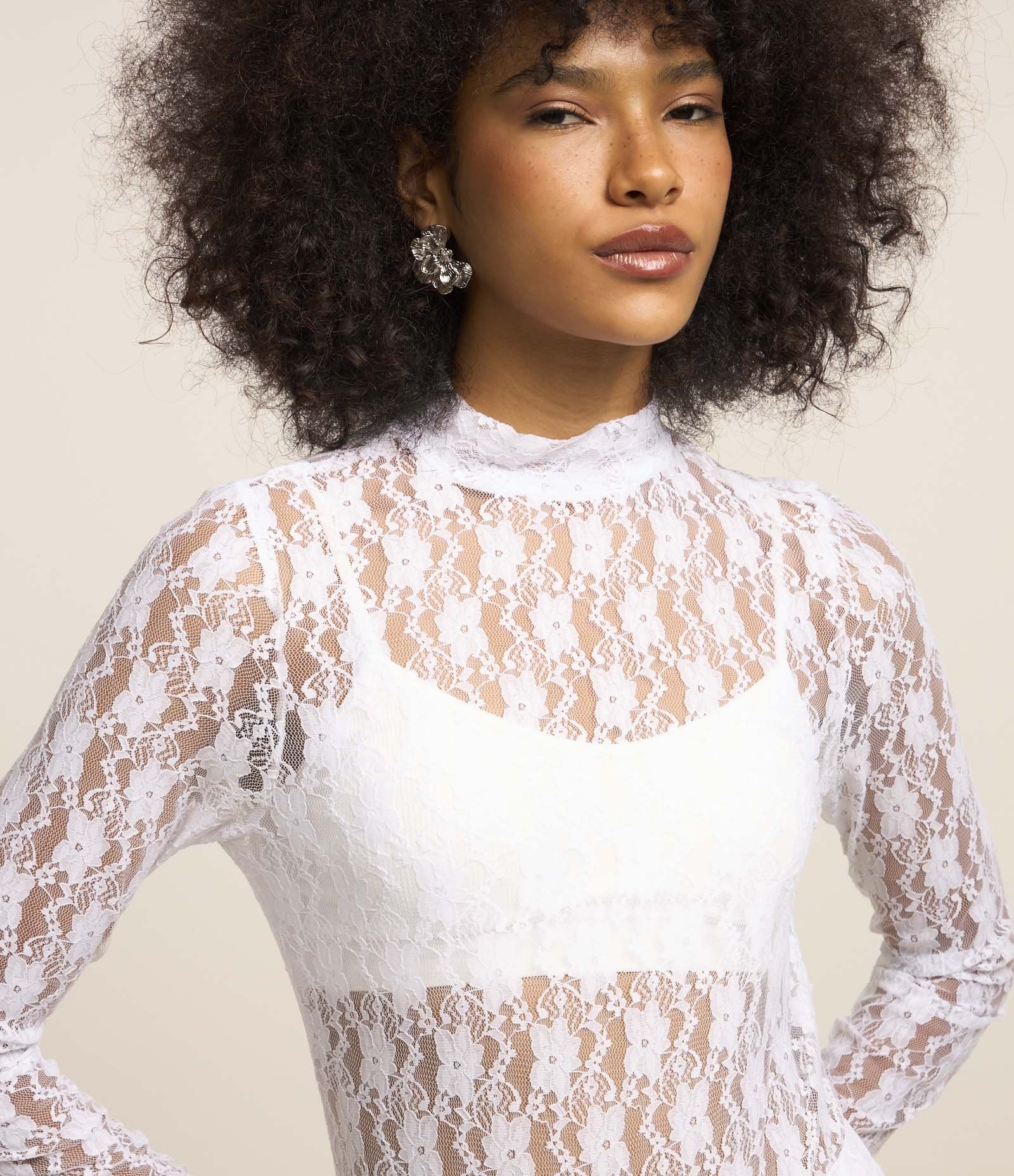 Body em Renda Texturizado com Gola Alta Branco 3