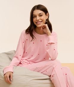 Pijama Longo em Peach Touch com Estampa de Coraçõezinhos