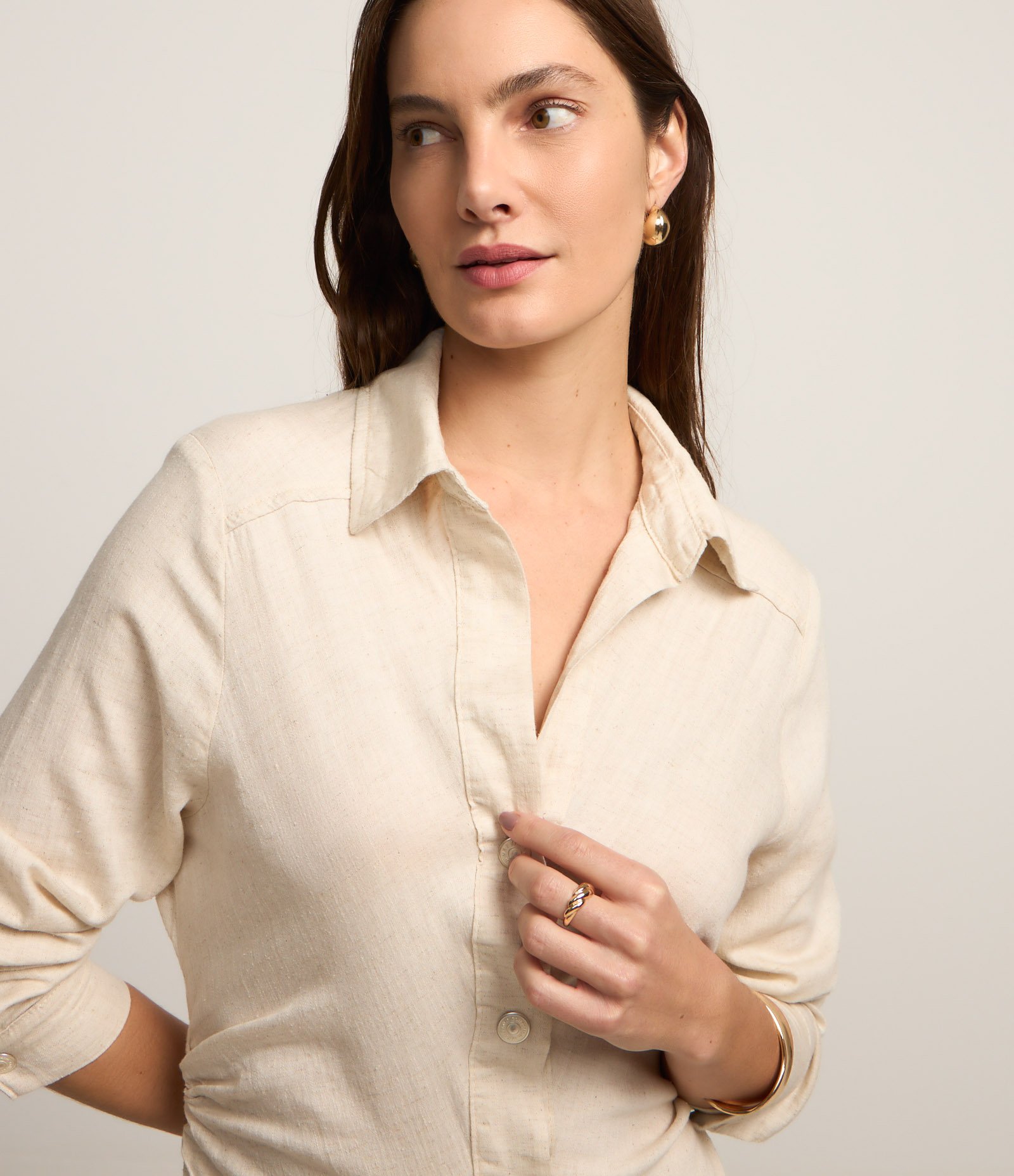 Vestido Midi com Efeito Linho e Franzidos Bege 2