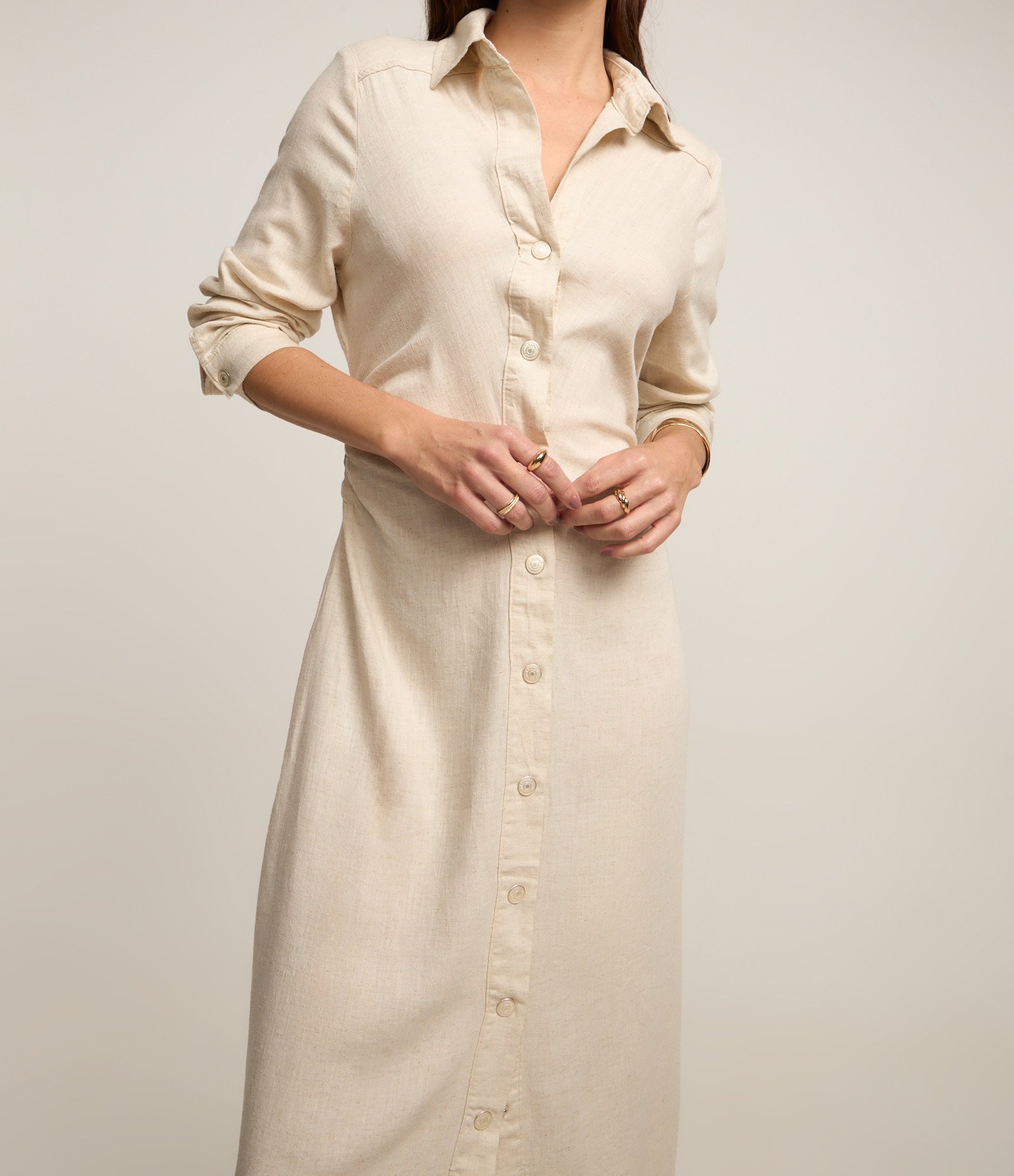 Vestido Midi com Efeito Linho e Franzidos Bege 3
