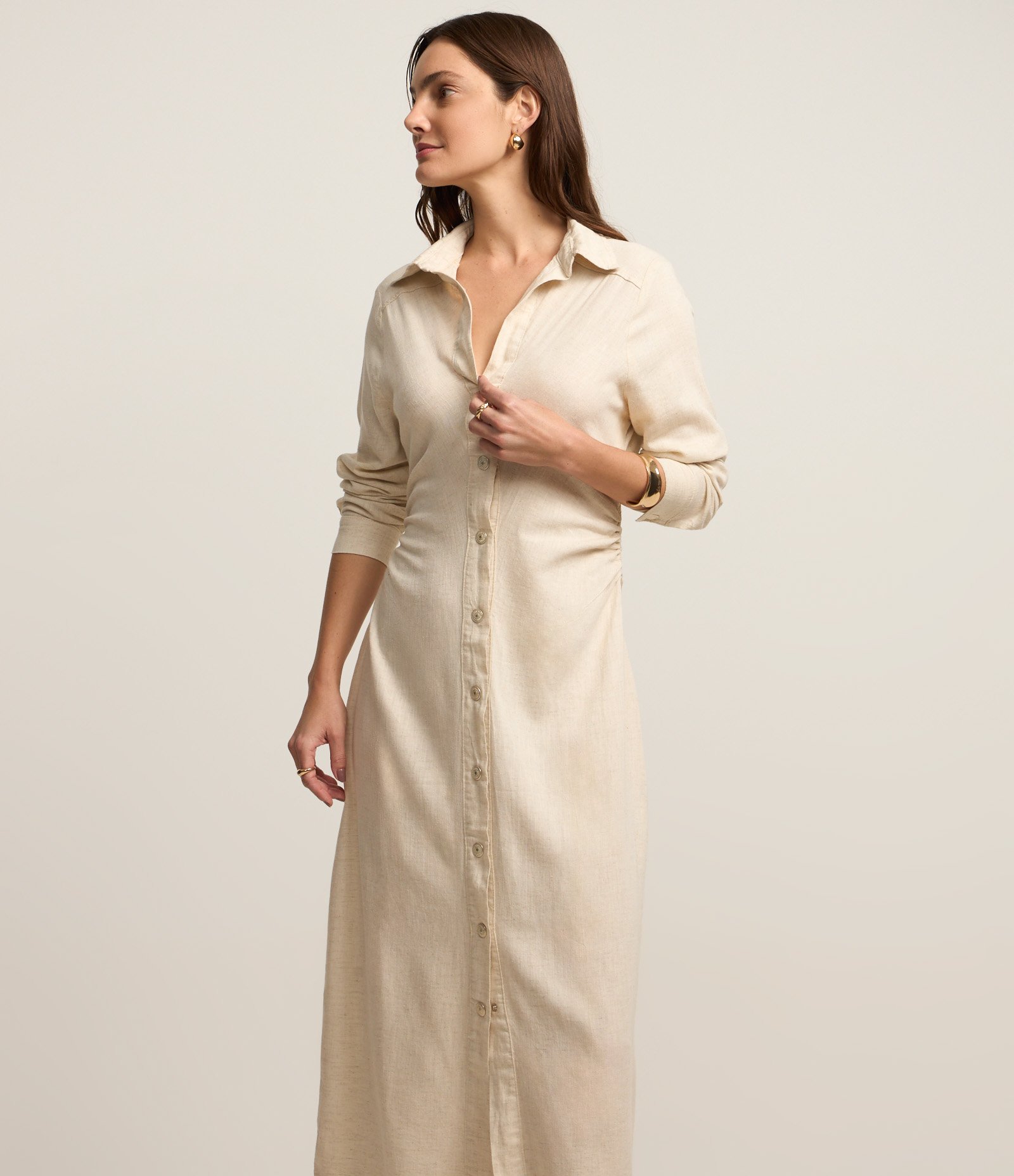 Vestido Midi com Efeito Linho e Franzidos Bege 4