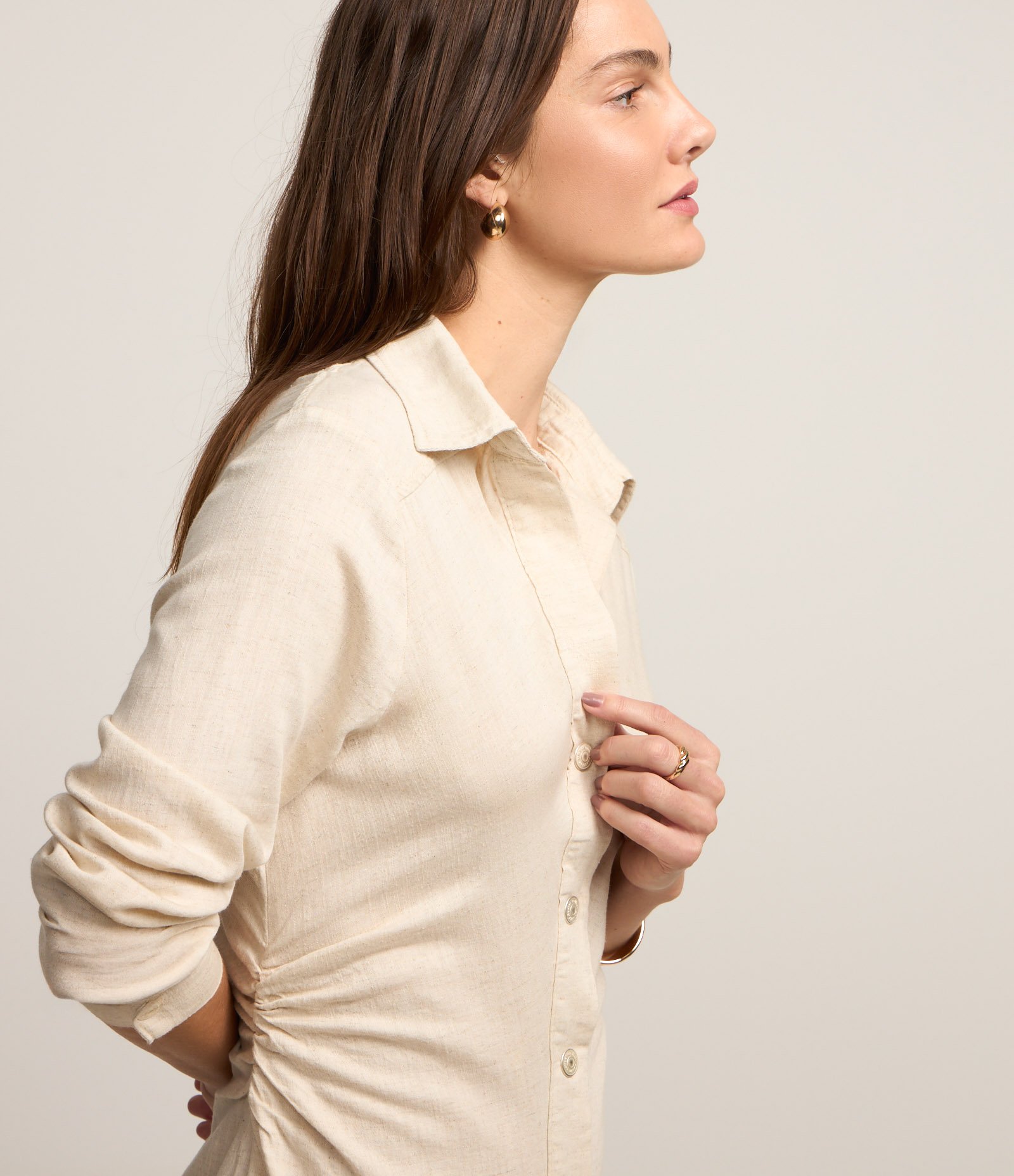 Vestido Midi com Efeito Linho e Franzidos Bege 5