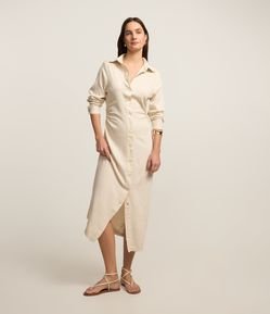 Vestido Midi com Efeito Linho e Franzidos