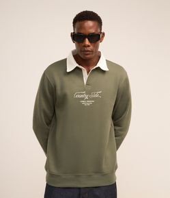 Moletom em Algodão com Gola Polo e Lettering Bordado