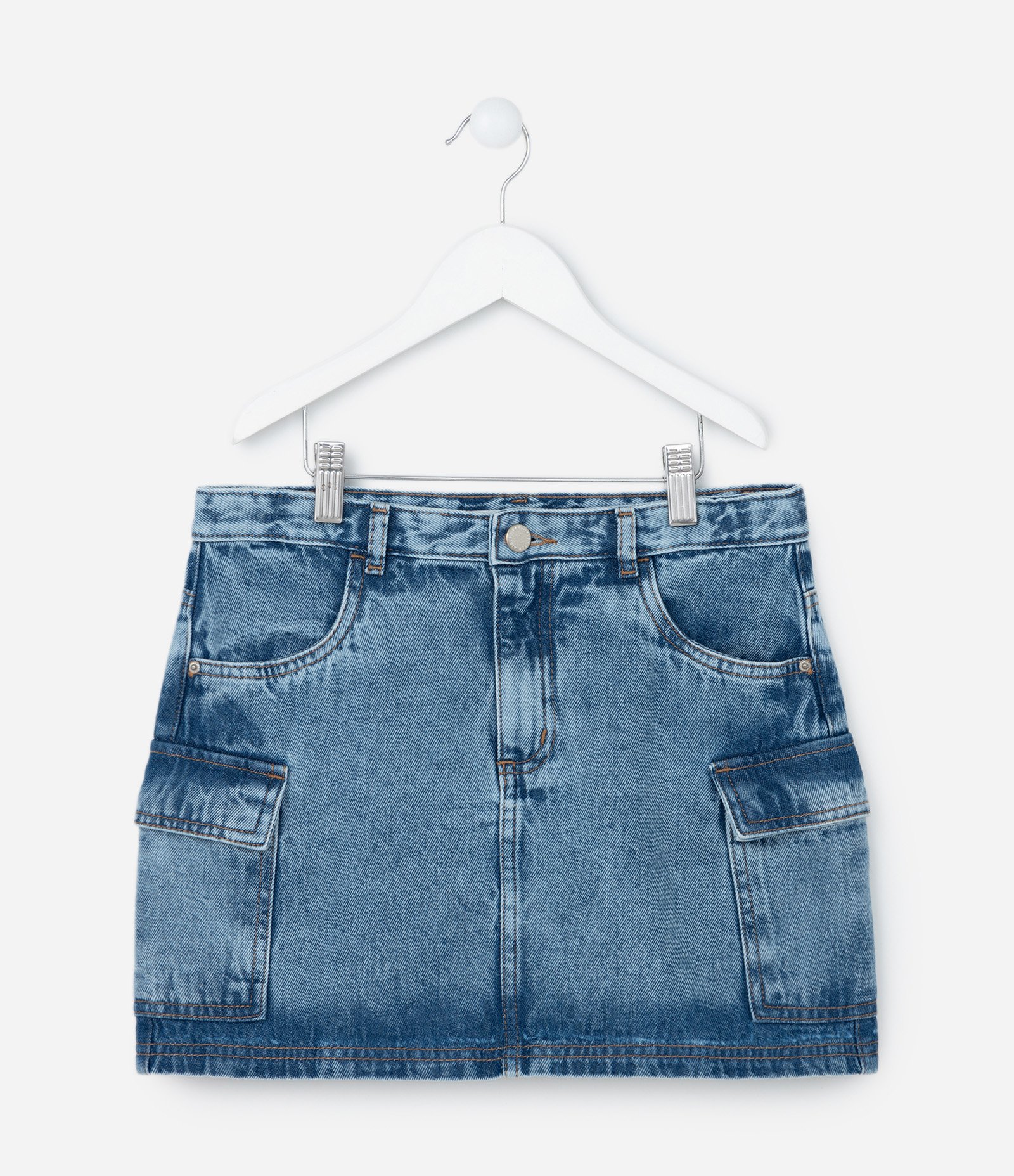 Saia Infantil em Jeans com Bolsos Cargo - Tam 5 a 14 Anos Azul 1