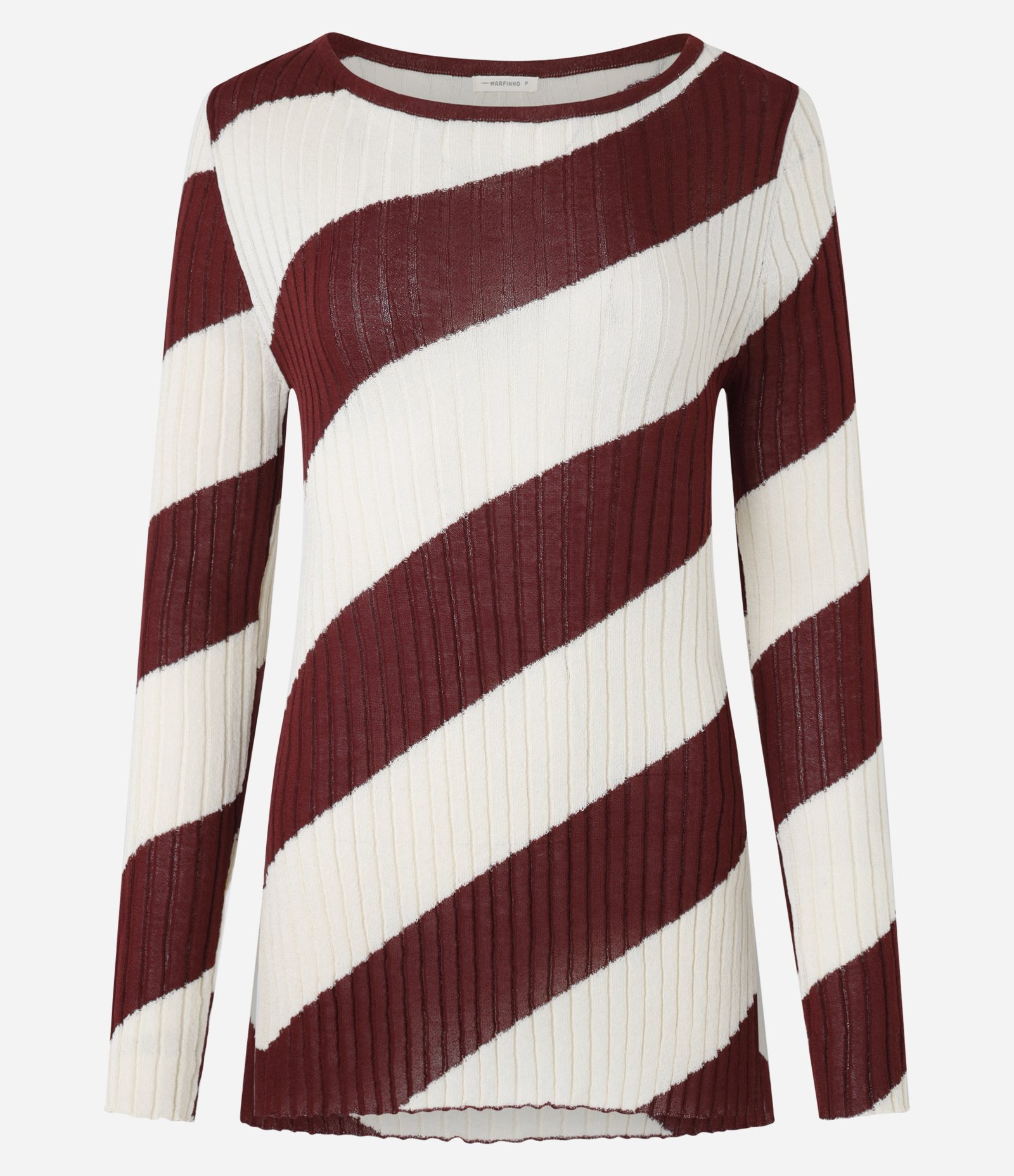 Suéter Slim em Tricô com Decote Canoa e Listras Espiral Marrom/Off White 6