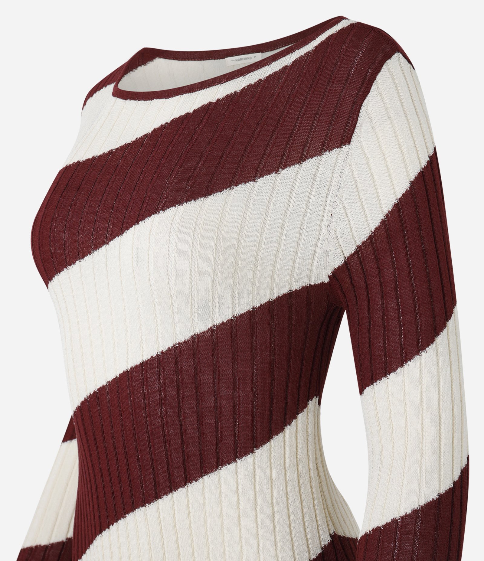 Suéter Slim em Tricô com Decote Canoa e Listras Espiral Marrom/Off White 7
