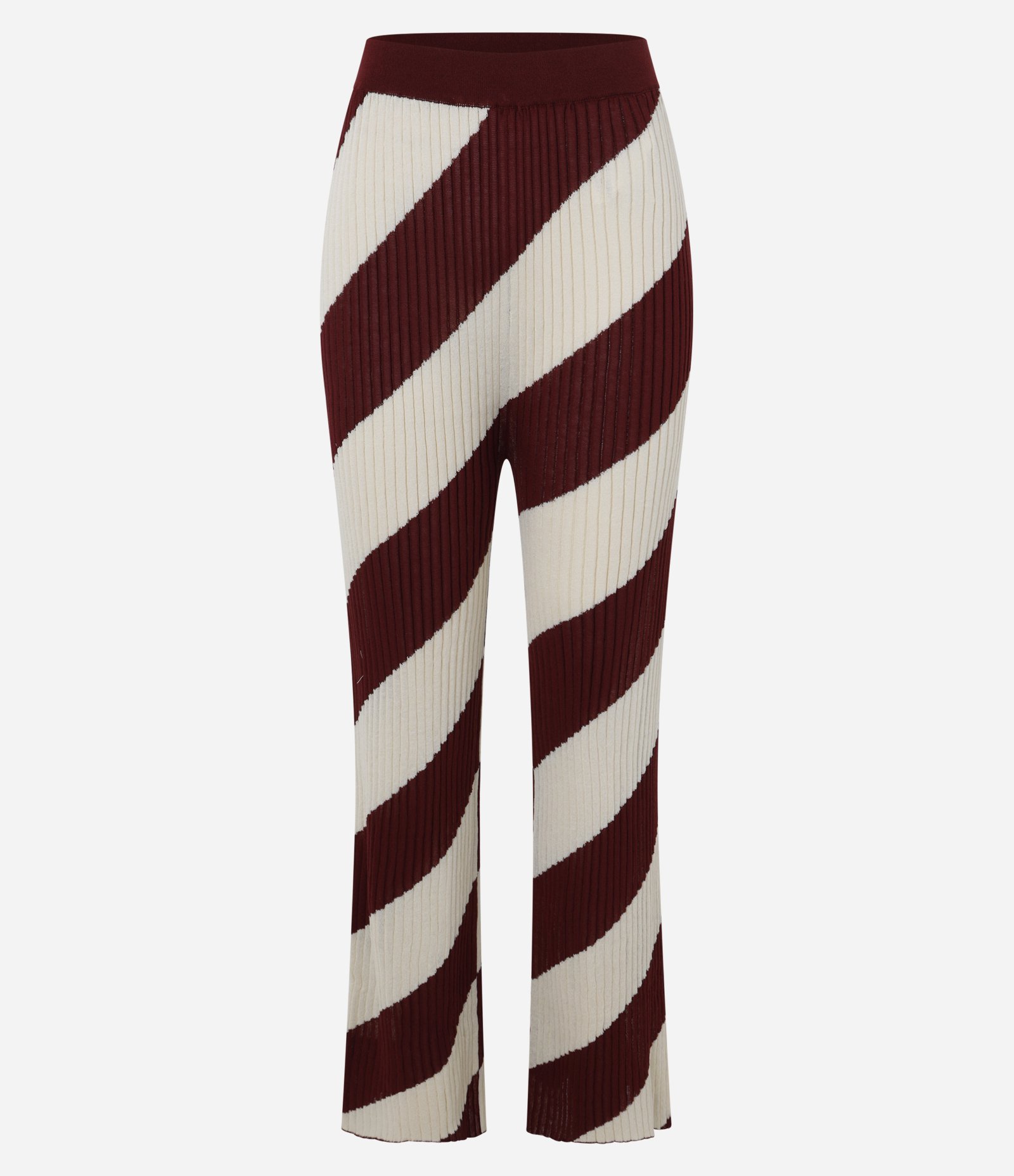 Calça Reta Canelada Cintura Média em Tricô com Listras em Espiral Marrom/Off White 6