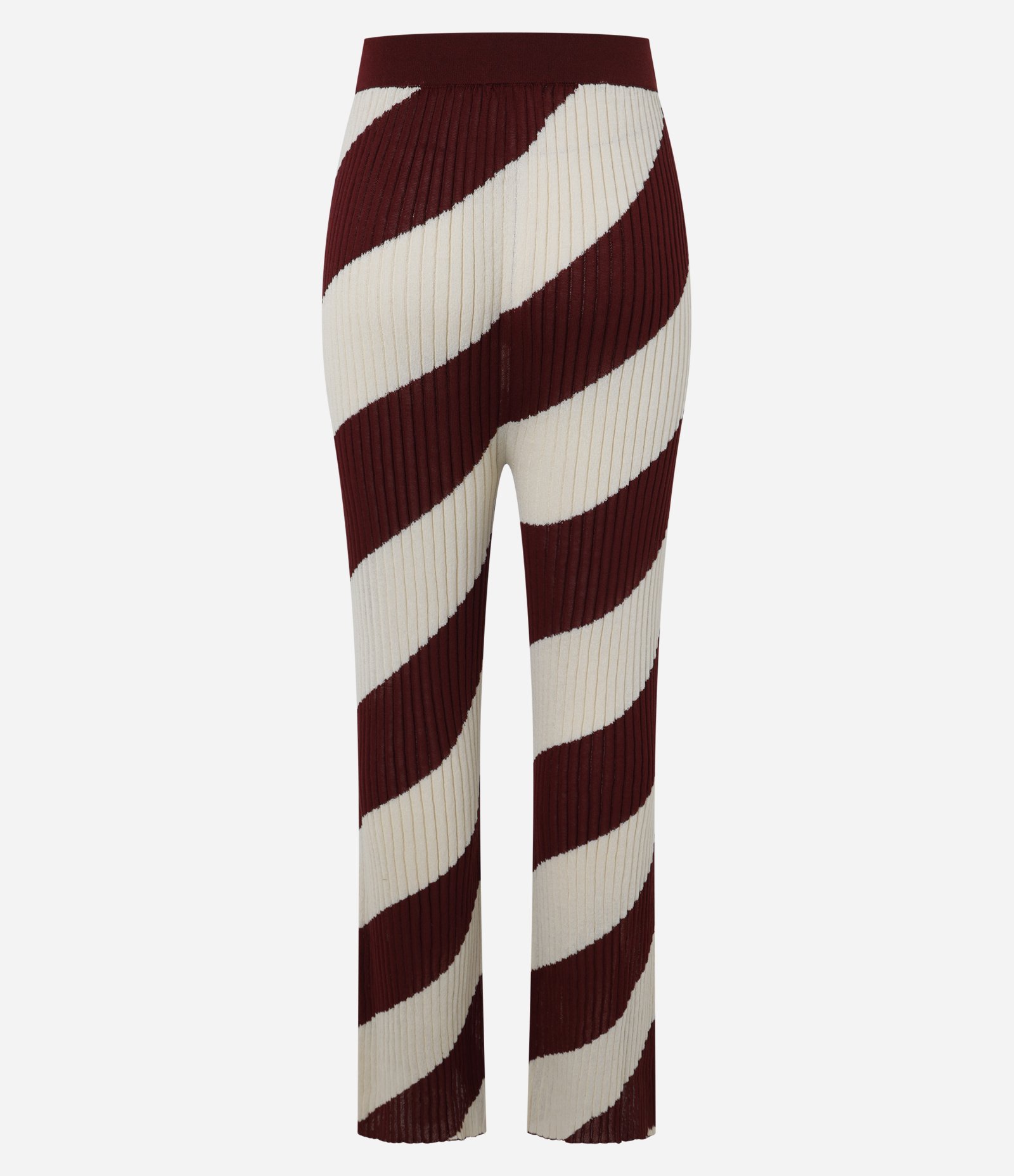 Calça Reta Canelada Cintura Média em Tricô com Listras em Espiral Marrom/Off White 7