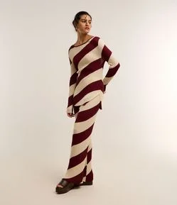 Calça Reta Canelada Cintura Média em Tricô com Listras em Espiral