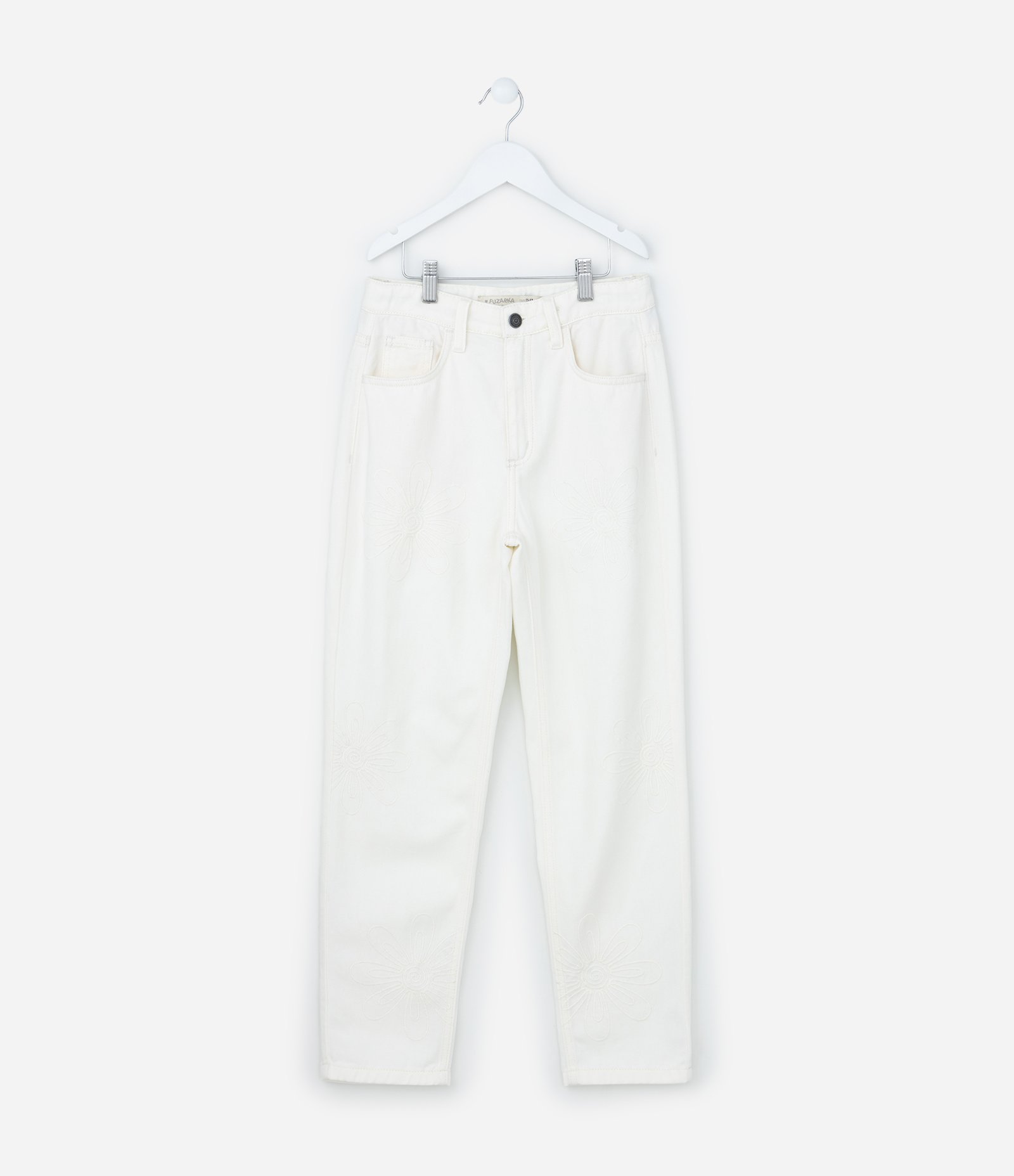 Calça Mom Infantil com Bordado de Flores - Tam 5 a 14 Anos Branco 1