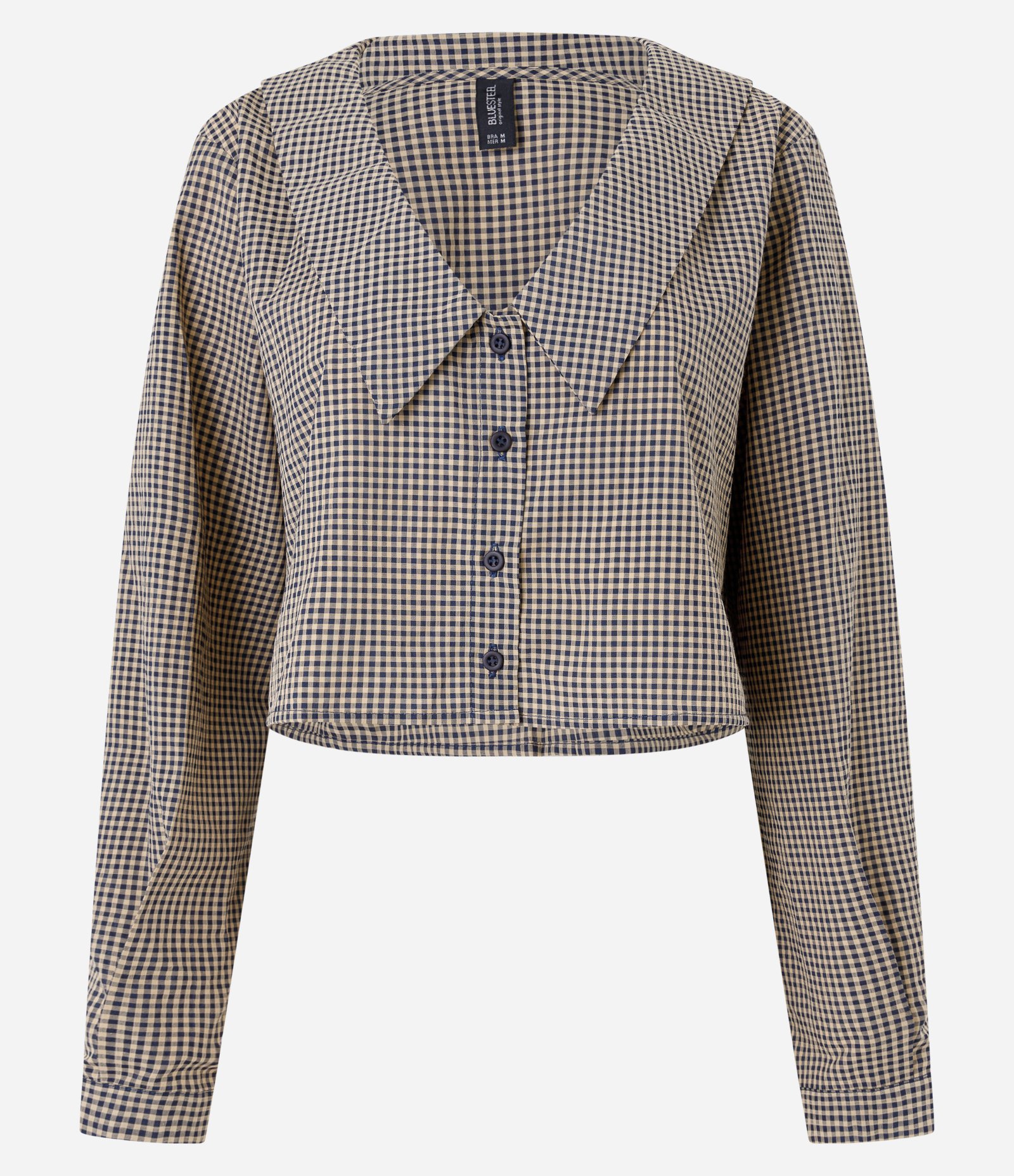 Camisa Cropped em Tricoline Xadrez com Lapelas e Botões Marrom 5