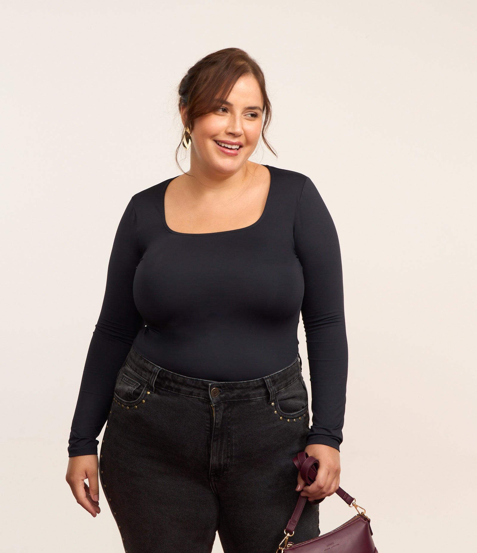 Blusa Básica Poliamida com Decote Quadrado Curve & Plus Size Preto 1