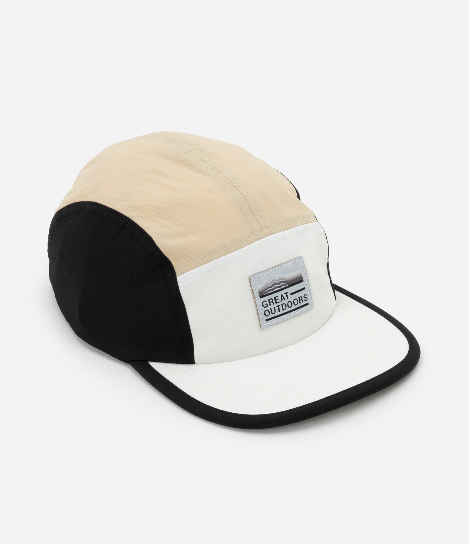 Boné 5 Panel em Microfibra com Recortes e Etiqueta Frontal Bege/Branco/Preto 8