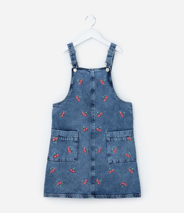 Salopete Infantil em Jeans com Bordado de Cerejas - Tam 5 a 14 Anos
