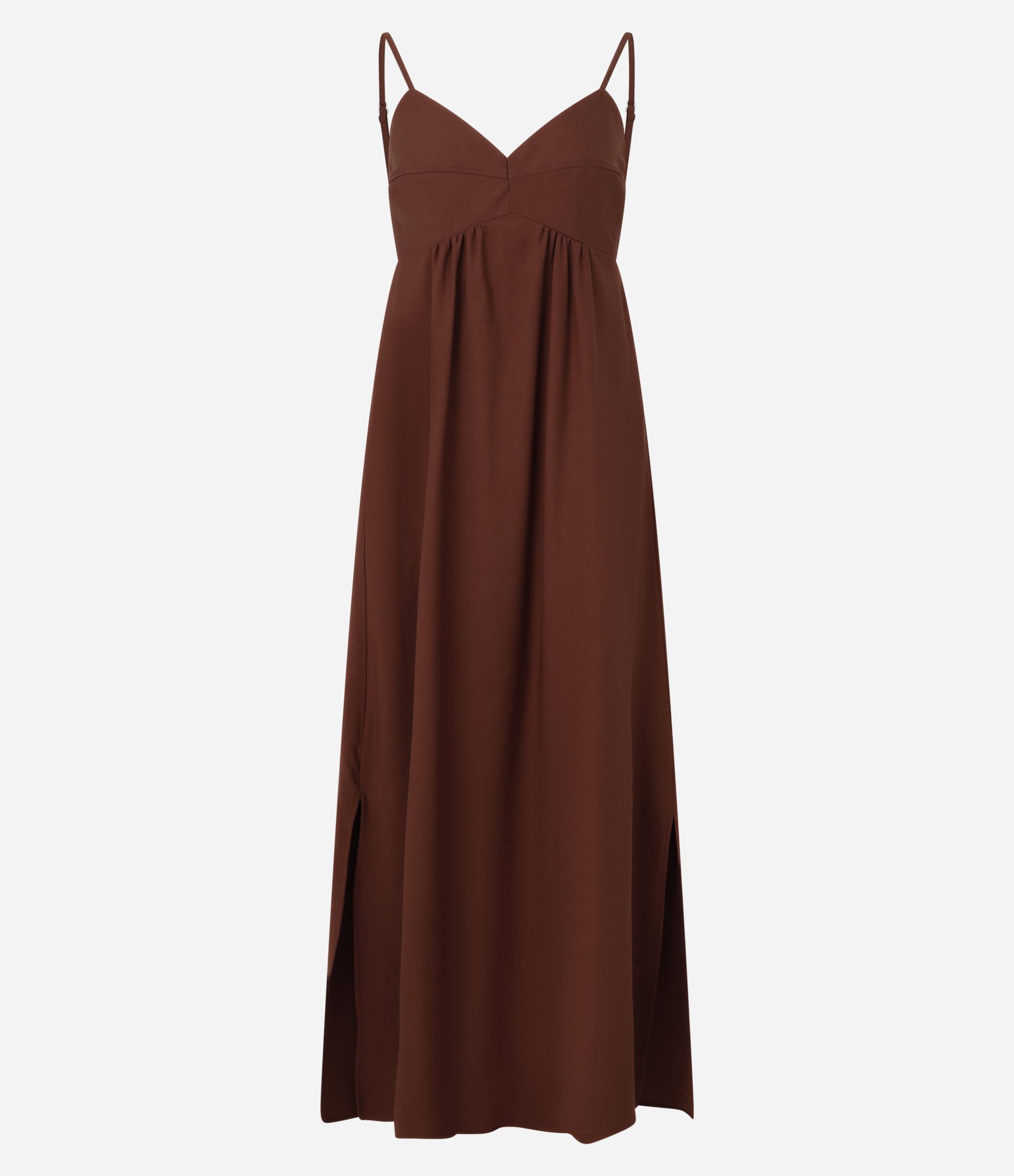 Vestido Evasê Longo em Crepe com Recorte no Busto Marrom 6