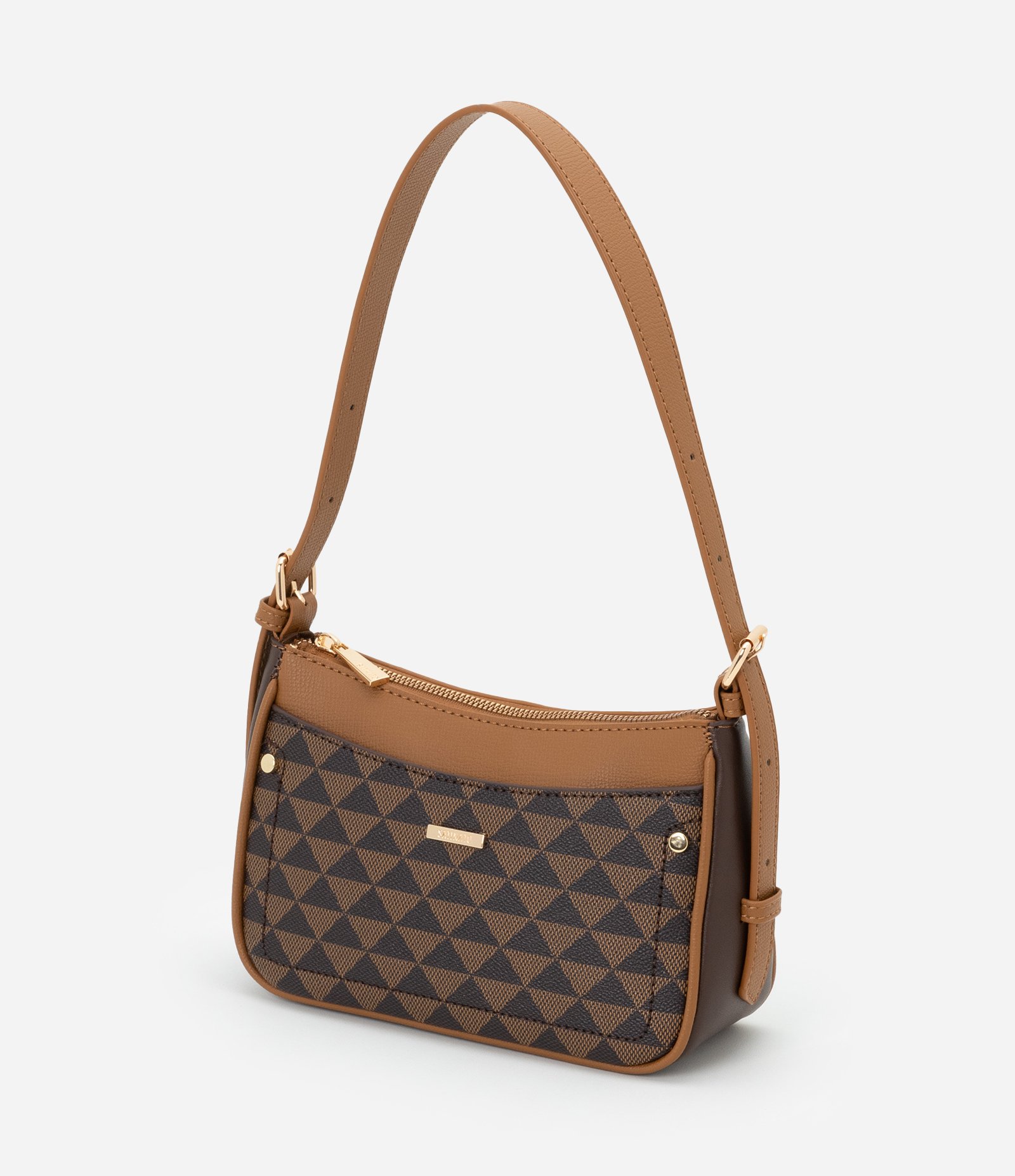 Bolsa Shoulder Transversal com Estampa Triangular Marrom 6