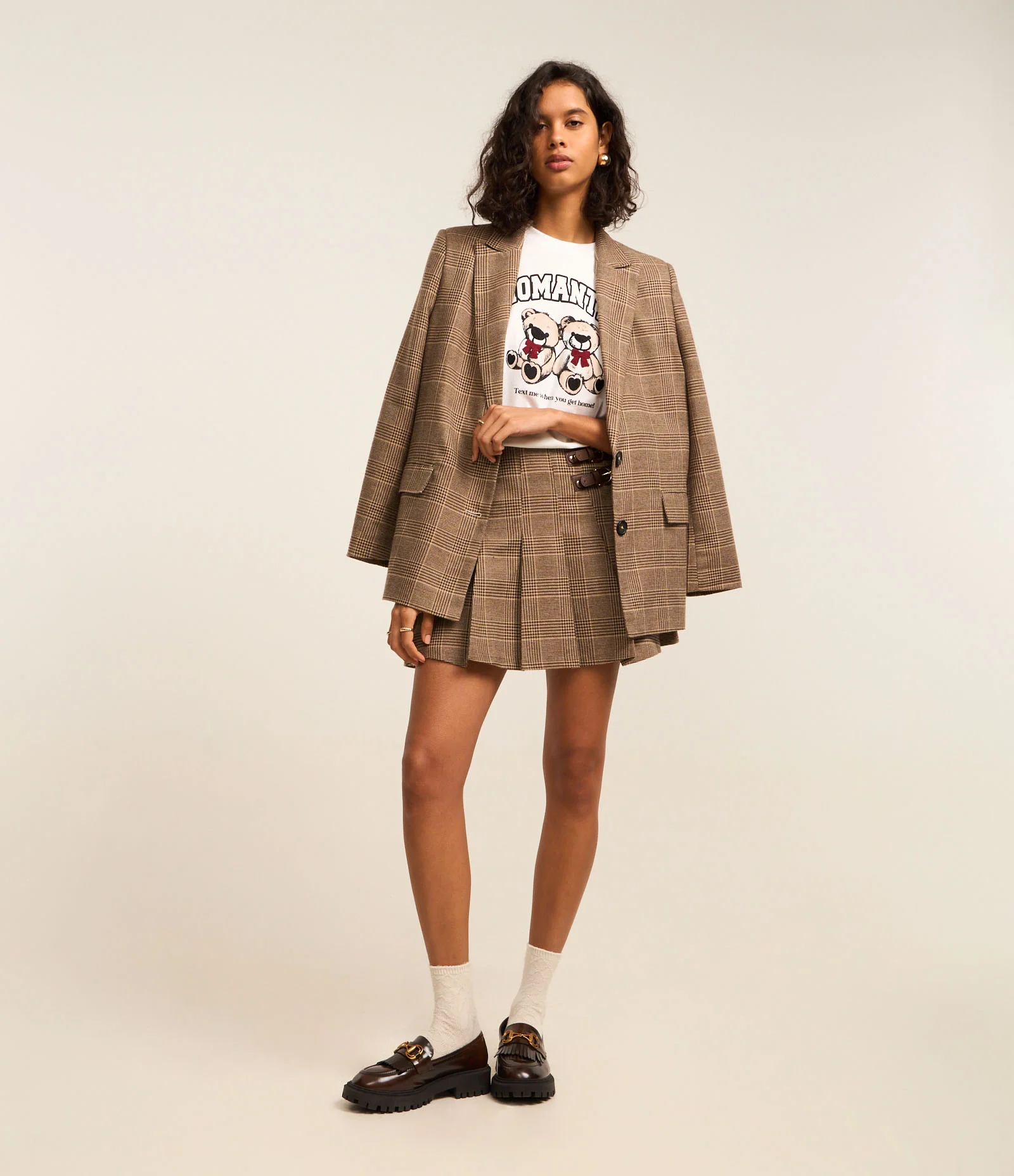 Saia Evasê Curta em Polivelour Xadrez Príncipe de Gales Marrom 1