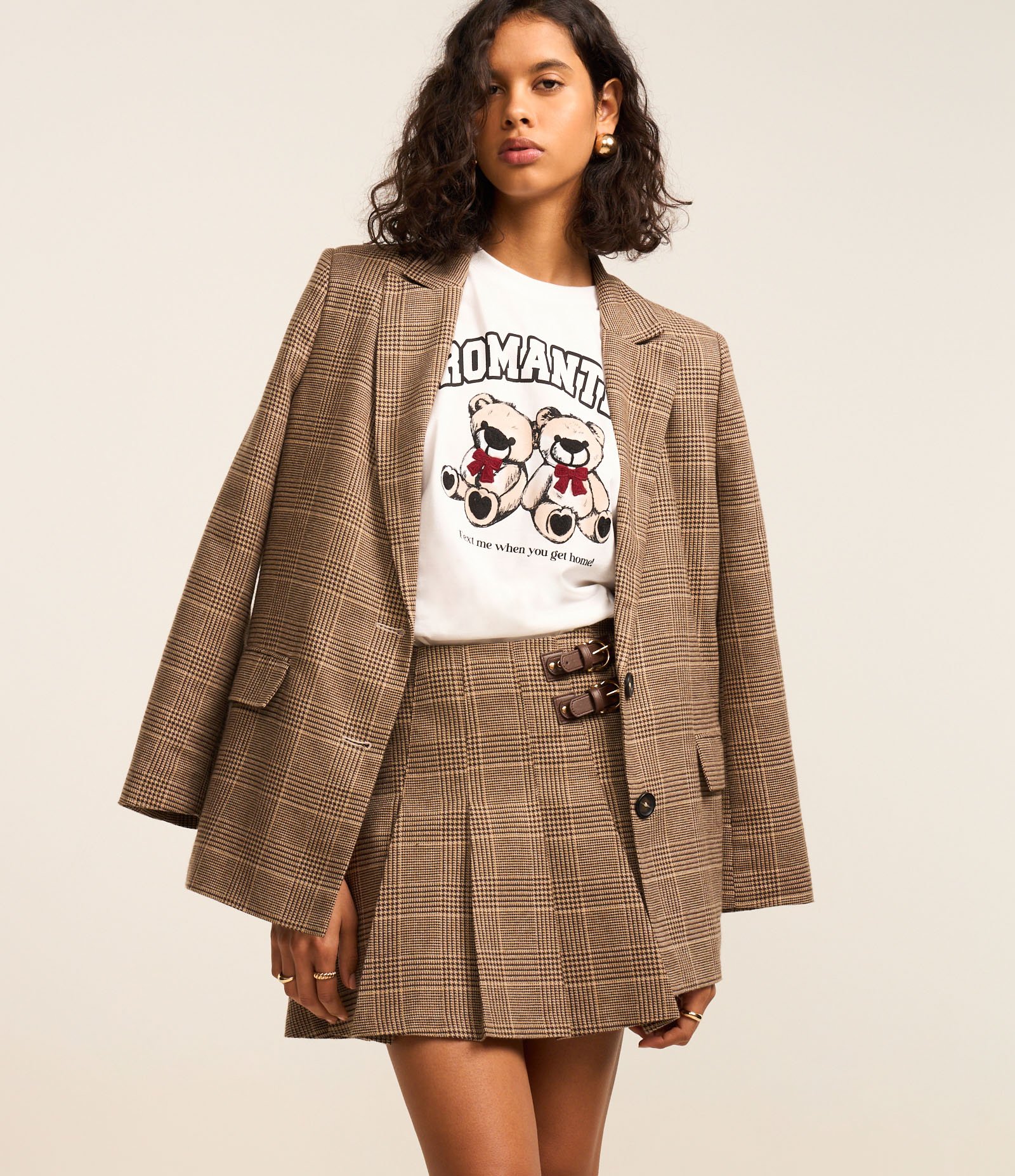 Saia Evasê Curta em Polivelour Xadrez Príncipe de Gales Marrom 2