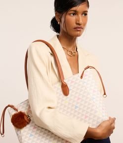 Bolsa Shopper em PU com Pompom e Estampa Triângulos