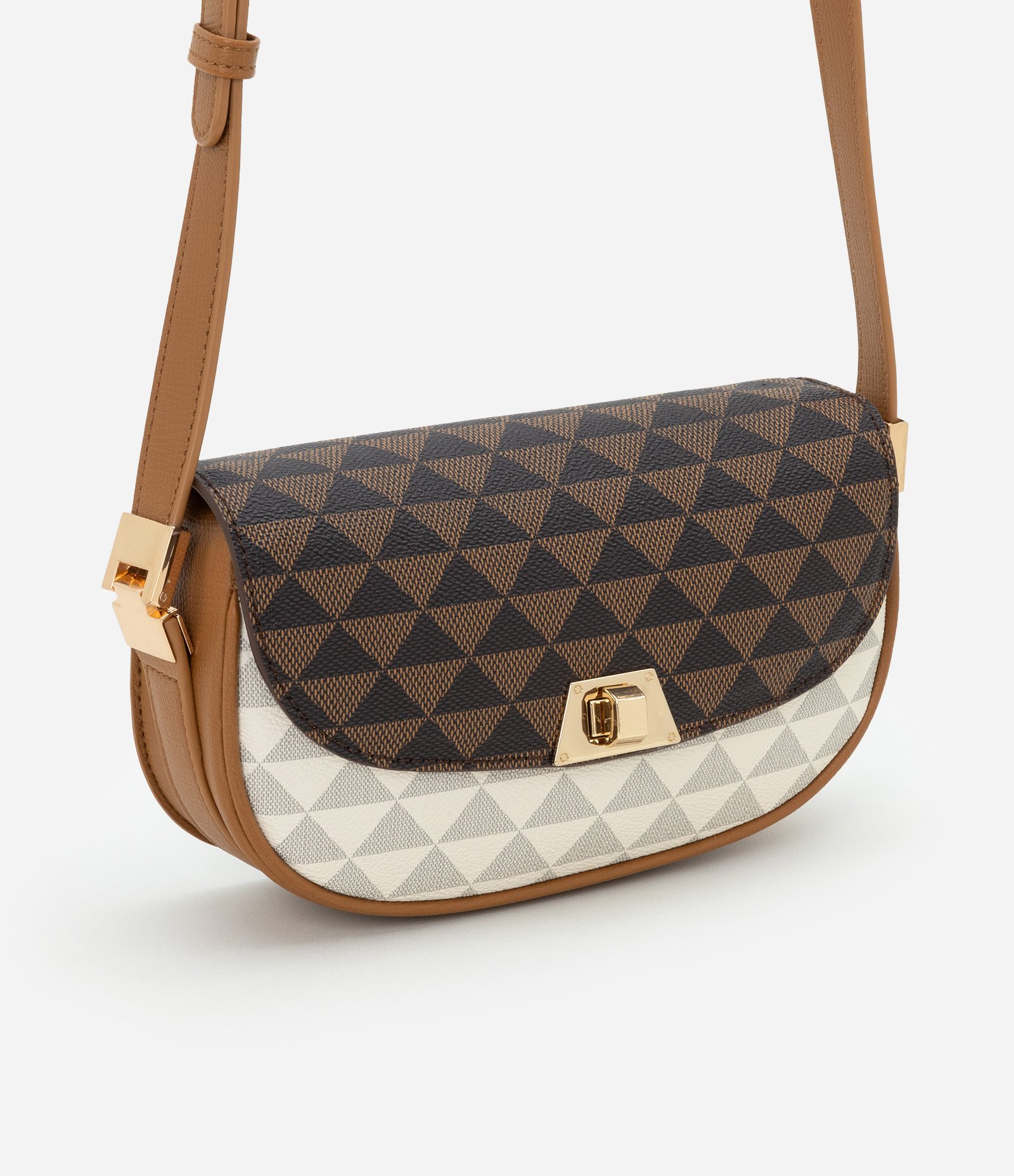 Bolsa Baguete em PU com Alça Transversal e Estampa Triângulos Marrom/ Off White 1
