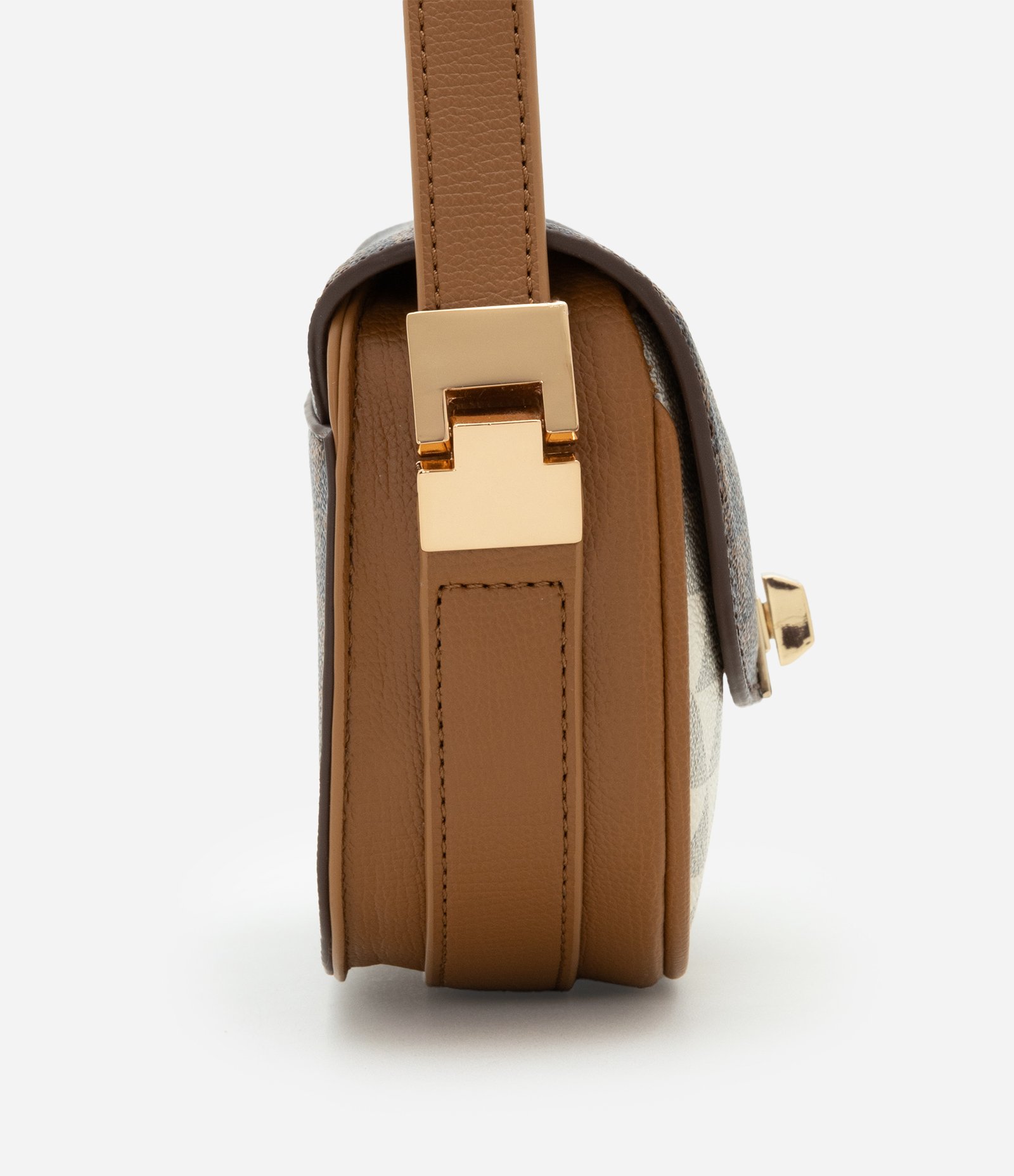 Bolsa Baguete em PU com Alça Transversal e Estampa Triângulos Marrom/ Off White 2