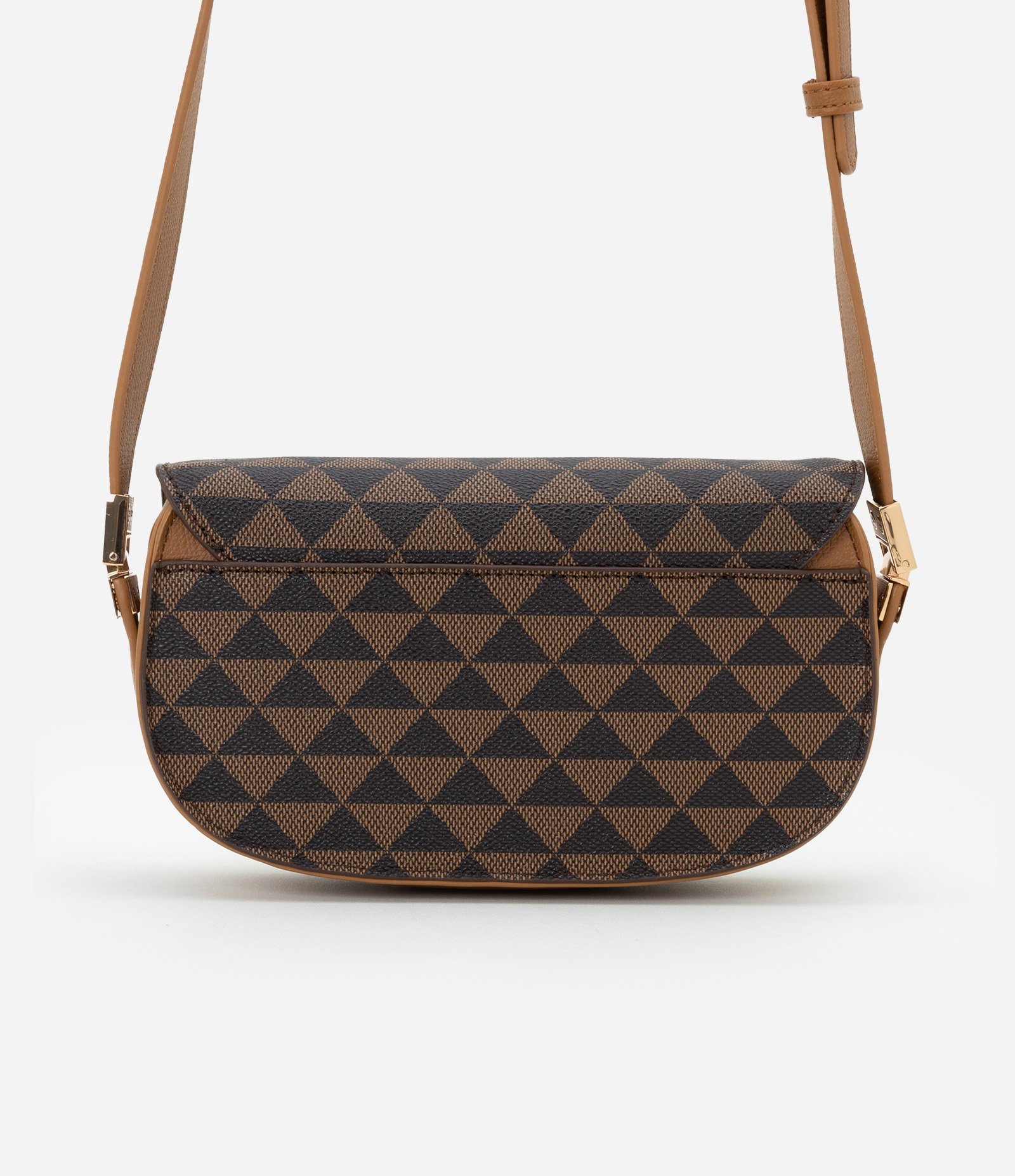 Bolsa Baguete em PU com Alça Transversal e Estampa Triângulos Marrom/ Off White 3