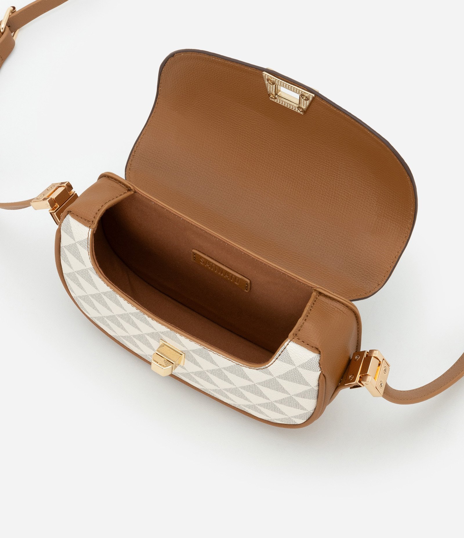 Bolsa Baguete em PU com Alça Transversal e Estampa Triângulos Marrom/ Off White 4