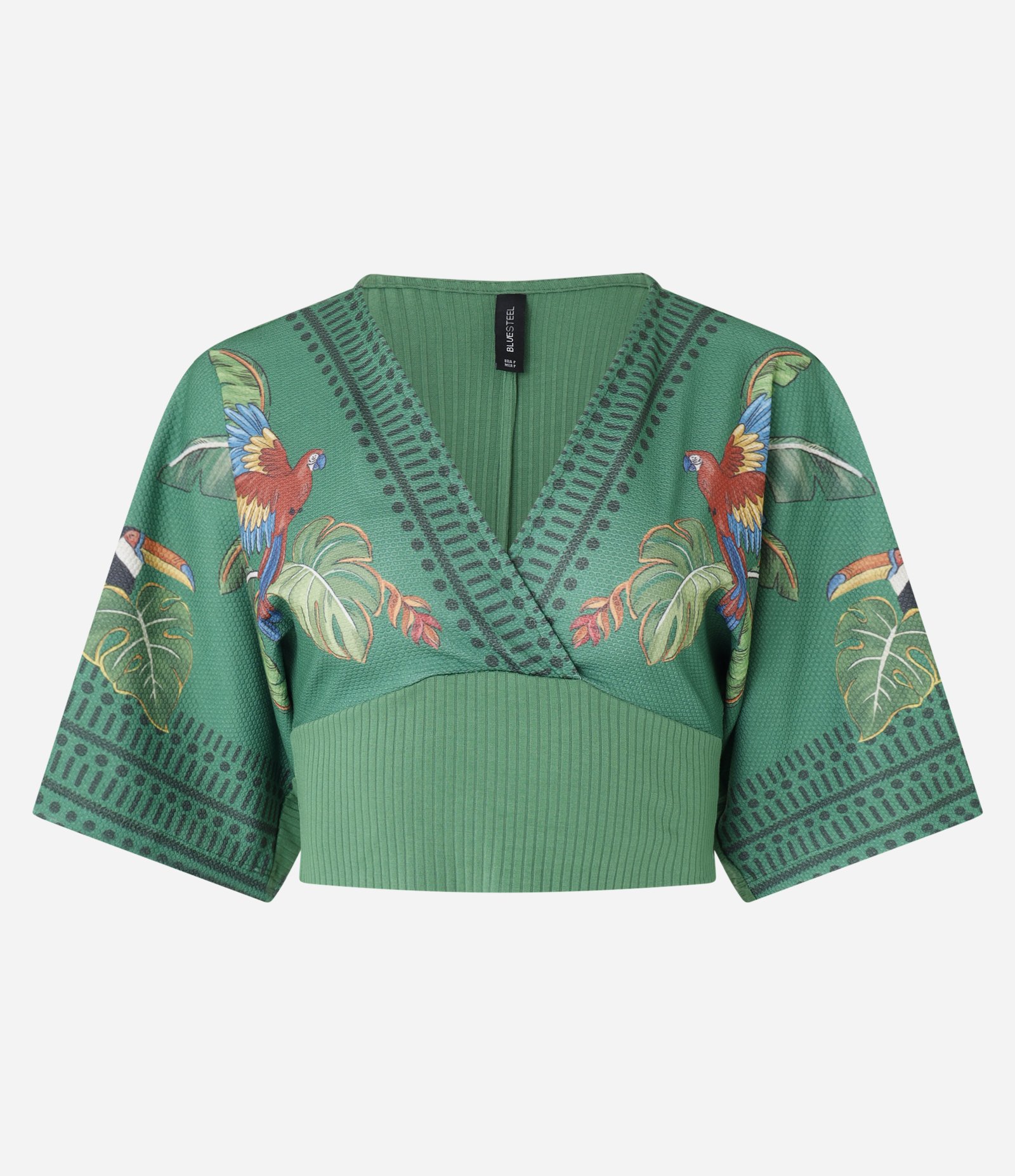 Blusa Kimono Texturizada Estampada de Arara Verde 4