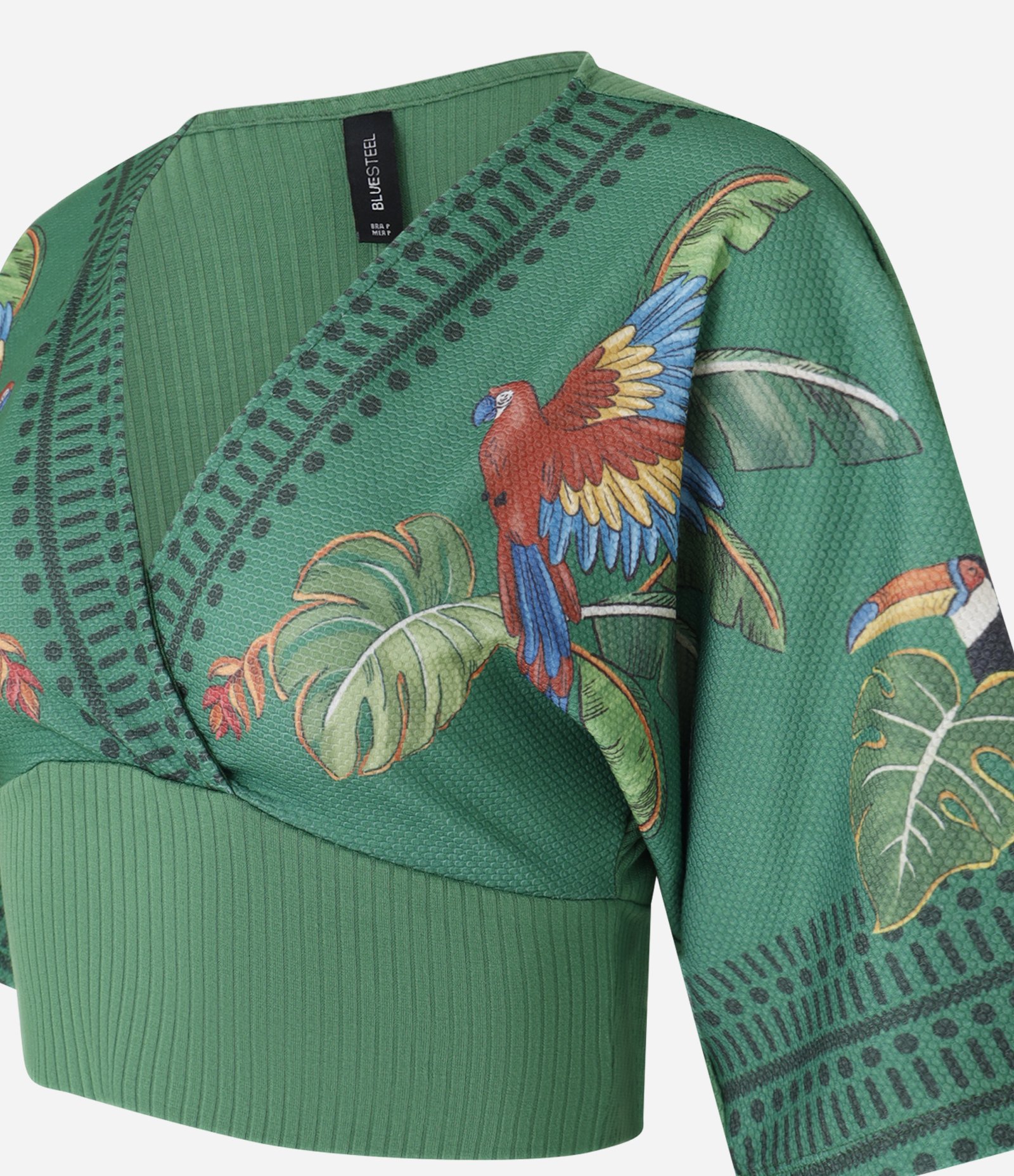 Blusa Kimono Texturizada Estampada de Arara Verde 5
