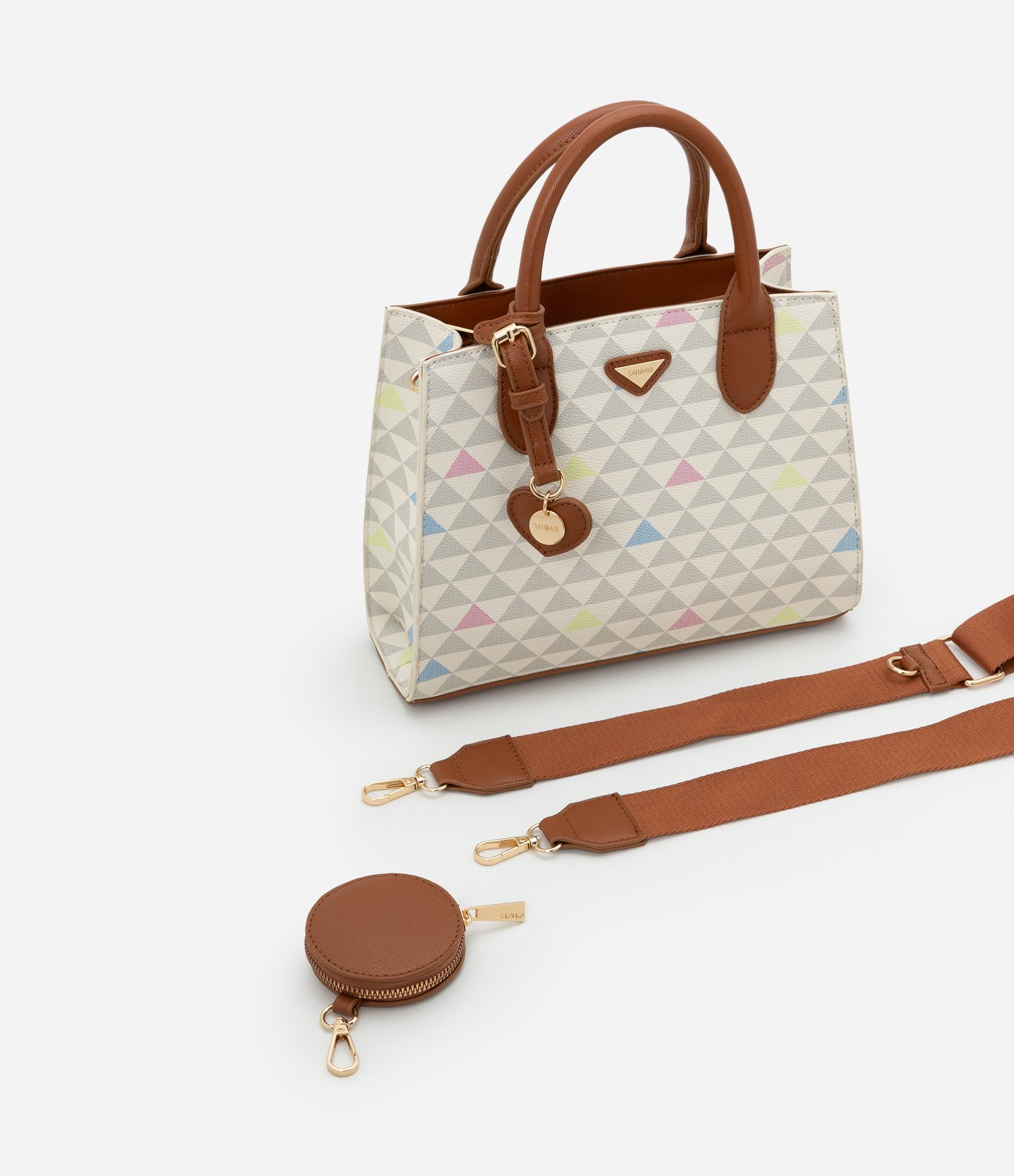 Bolsa Satchel Pequena em PU com Porta Moedas e Estampa Triângulos Multicores 8