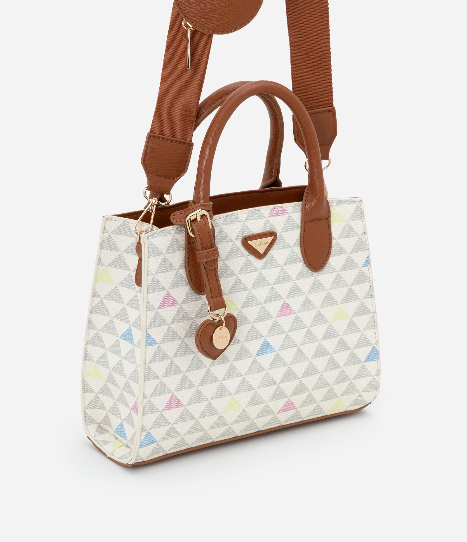 Bolsa Satchel Pequena em PU com Porta Moedas e Estampa Triângulos Multicores 1