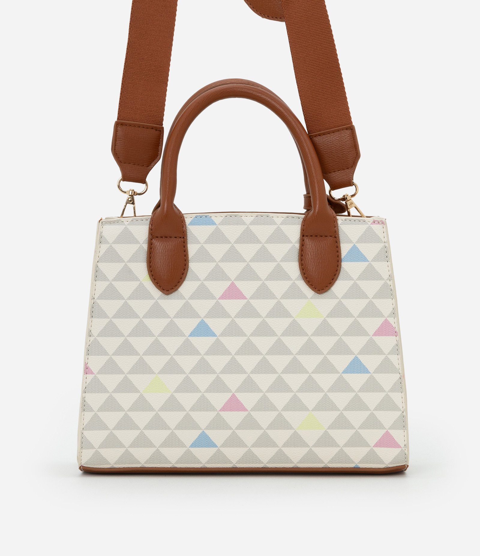 Bolsa Satchel Pequena em PU com Porta Moedas e Estampa Triângulos Multicores 3