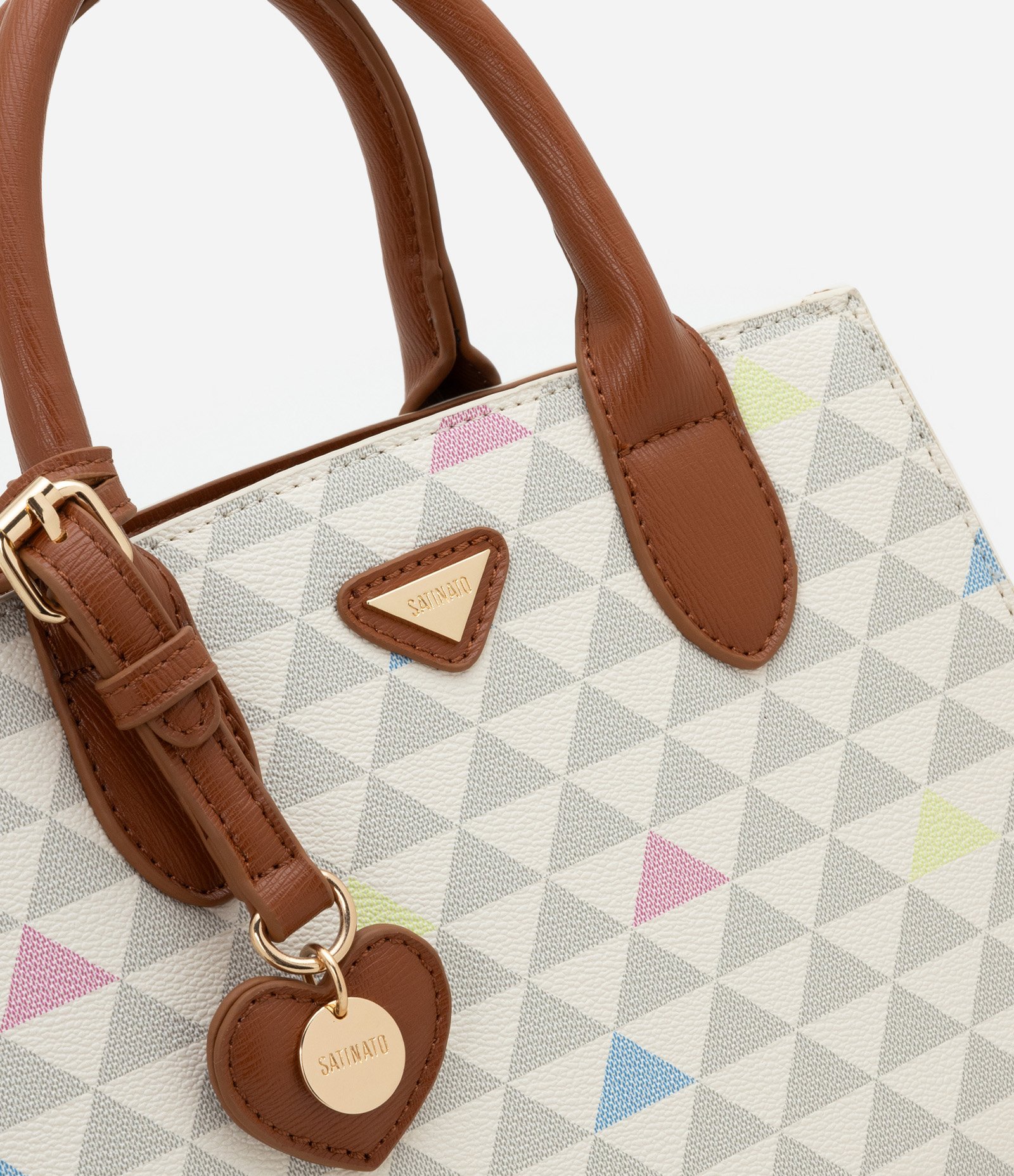 Bolsa Satchel Pequena em PU com Porta Moedas e Estampa Triângulos Multicores 4