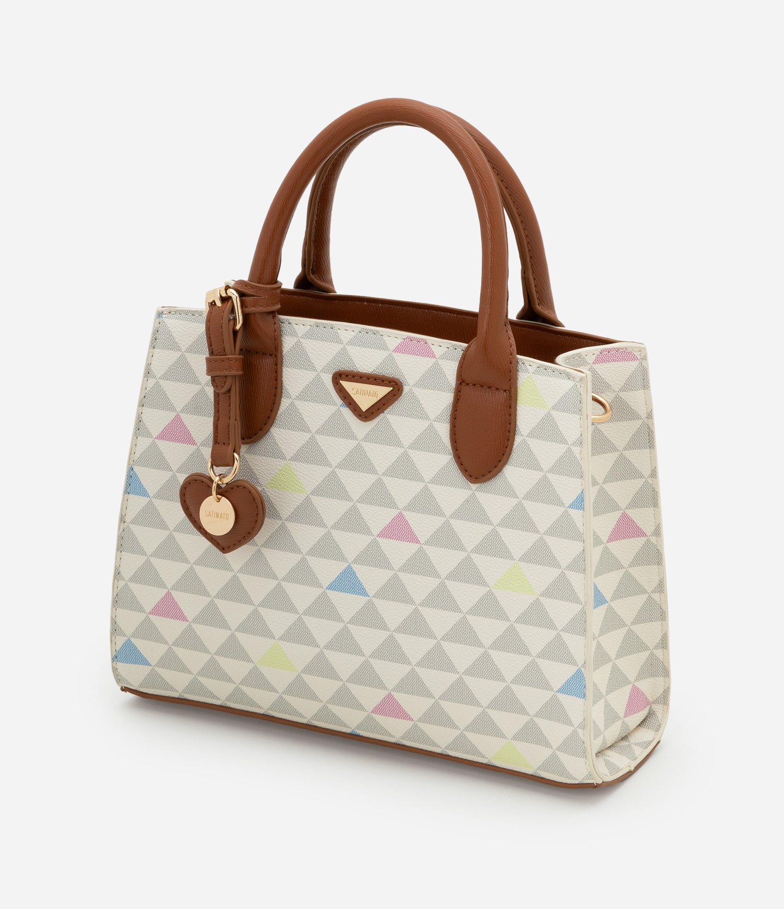 Bolsa Satchel Pequena em PU com Porta Moedas e Estampa Triângulos Multicores 5