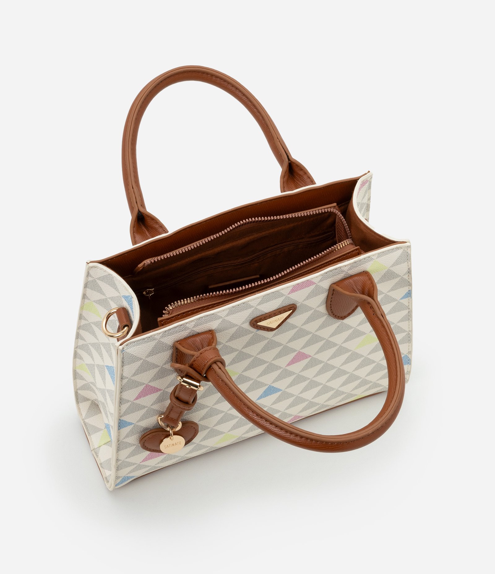 Bolsa Satchel Pequena em PU com Porta Moedas e Estampa Triângulos Multicores 6