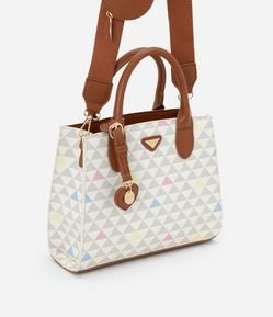 Bolsa Satchel Pequena em PU com Porta Moedas e Estampa Triângulos