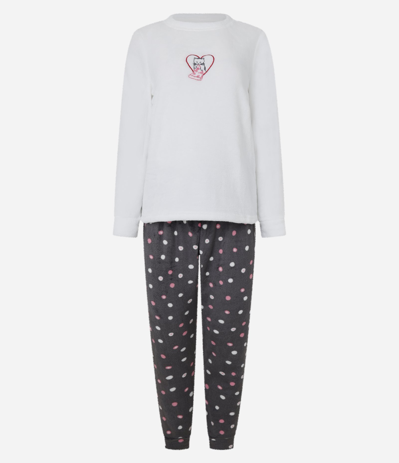 Pijama Longo em Fleece com Bordado de Gatinho e Pizza Branco/Cinza 1