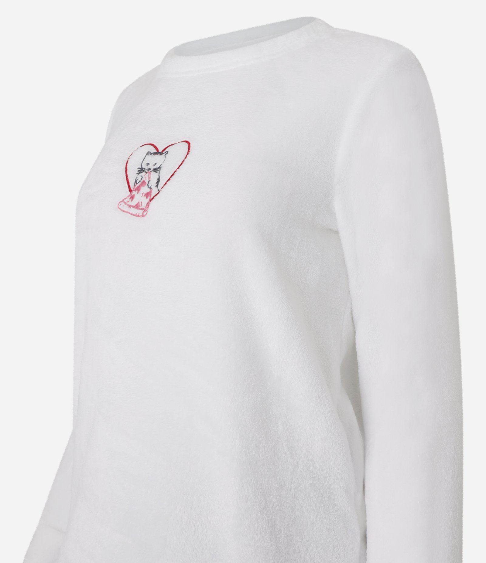Pijama Longo em Fleece com Bordado de Gatinho e Pizza Branco/Cinza 2